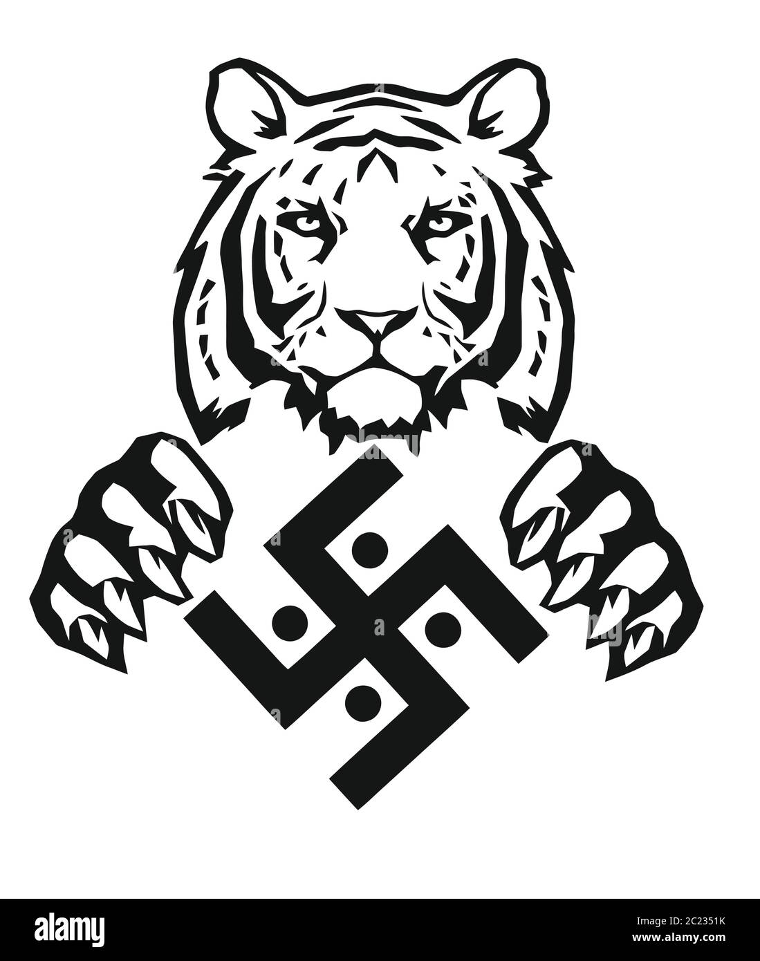 La Tigre e il simbolo della religione indiana del giainismo - la swastika, disegnando per il tatuaggio, su uno sfondo bianco, vettore Illustrazione Vettoriale