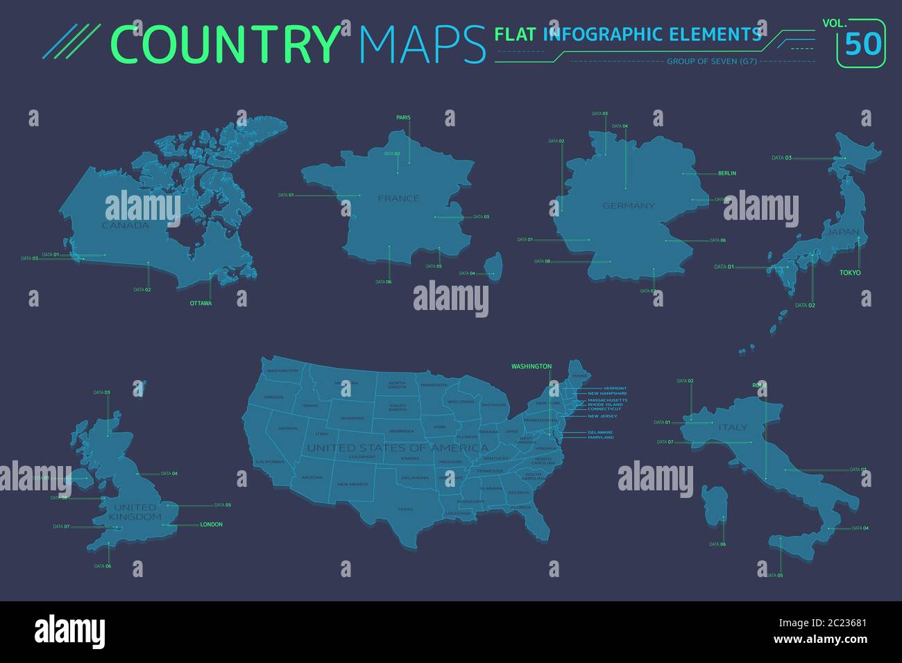 Appartamento di mappe vettoriali collezione con elementi infografico. Foto Stock