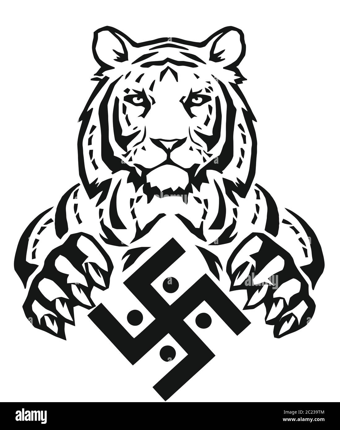 La Tigre e il simbolo della religione indiana del giainismo - la swastika, disegnando per il tatuaggio, su uno sfondo bianco, vettore Illustrazione Vettoriale