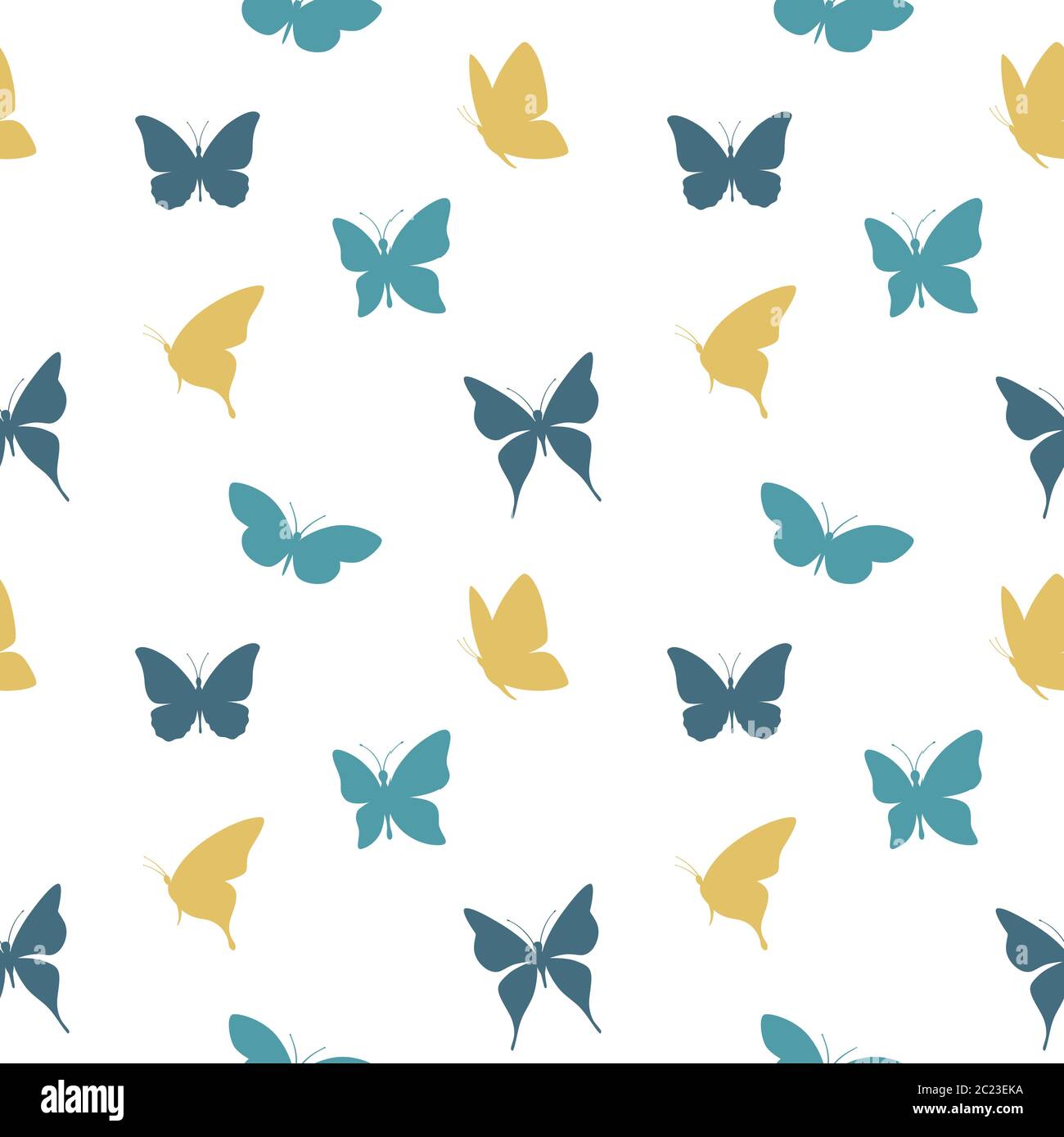 Farfalle che volano in blu e giallo modello senza cuciture. Design a farfalla per tessuto, carta. Illustrazione Vettoriale