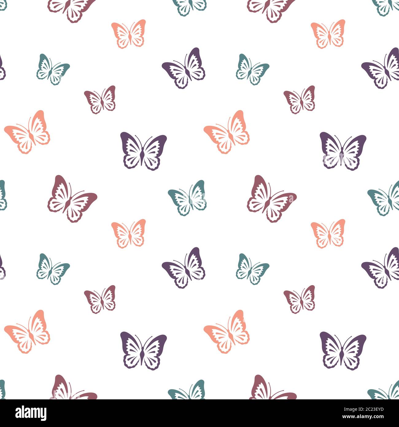 Farfalle in colori pastello motivo senza giunture. Design a farfalla per tessuto, carta. Illustrazione Vettoriale