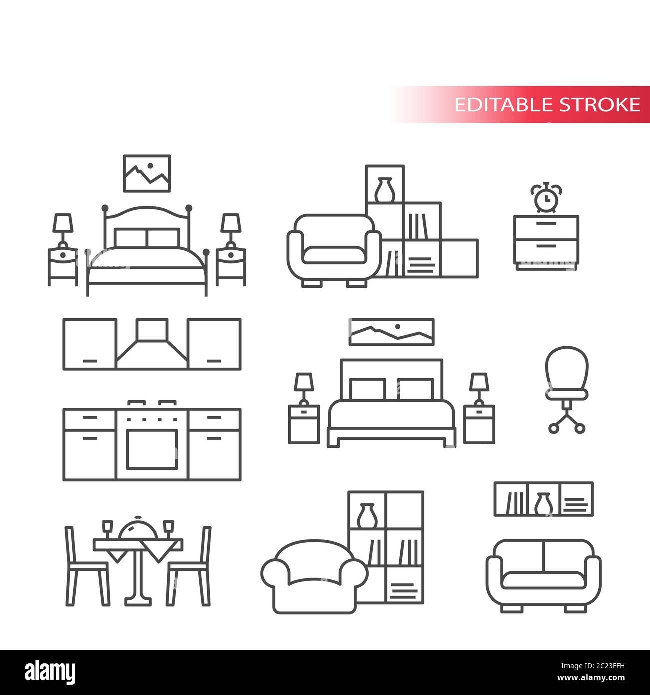 Set di icone linea sottile per interni di arredamento. Soggiorno, camera da letto, icone cucina, contorno, tratto modificabile. Illustrazione Vettoriale