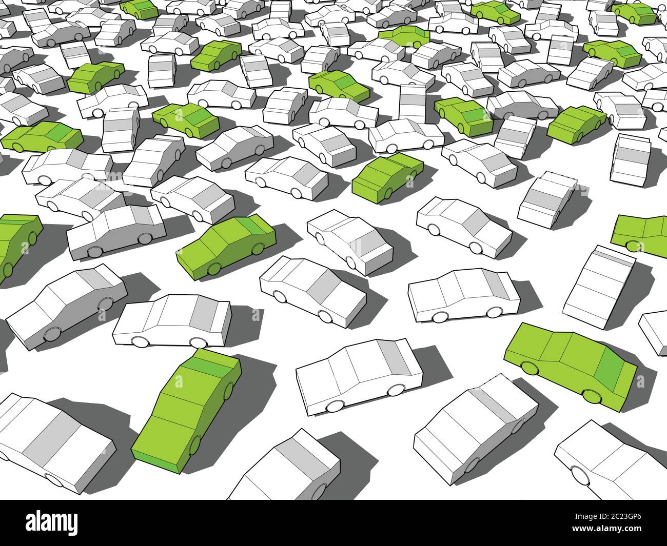 Auto ecologiche verdi che si levano in piedi fuori dagli altri in ingente ingorgo di traffico Illustrazione Vettoriale