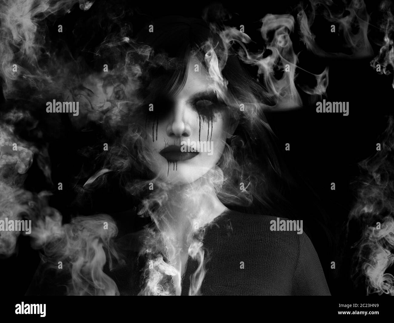 3D rendering di un morto fantasma della donna necrospettro che si scioglie in fumo o vaporizzare un fantasma o un demone. Foto Stock