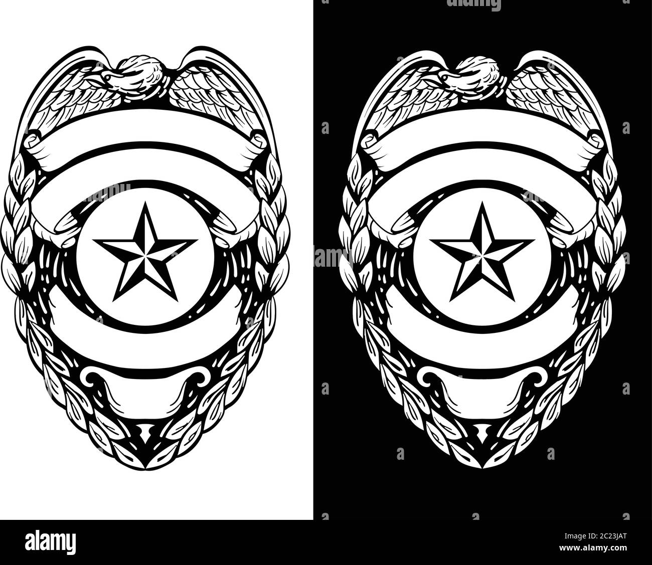 Polizia, sceriffo, badge forze dell'ordine ha isolato l'illustrazione vettoriale in entrambe le versioni Black Line Art e White Illustrazione Vettoriale