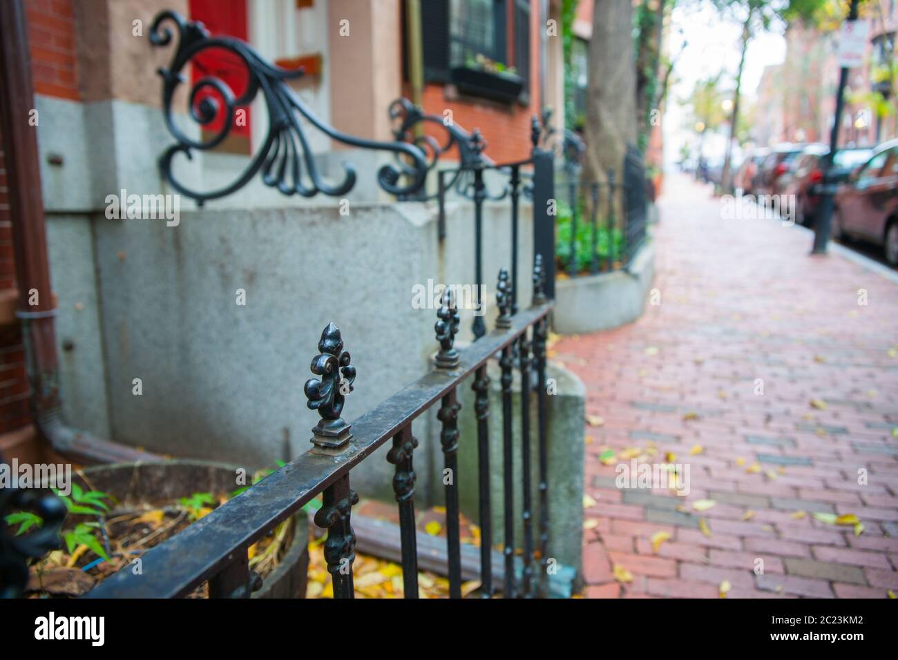 Fuoco selettivo sul primo piano con sfondo sfocato nella scena di strada in un lussuoso sobborgo residenziale a Boston, New England Foto Stock