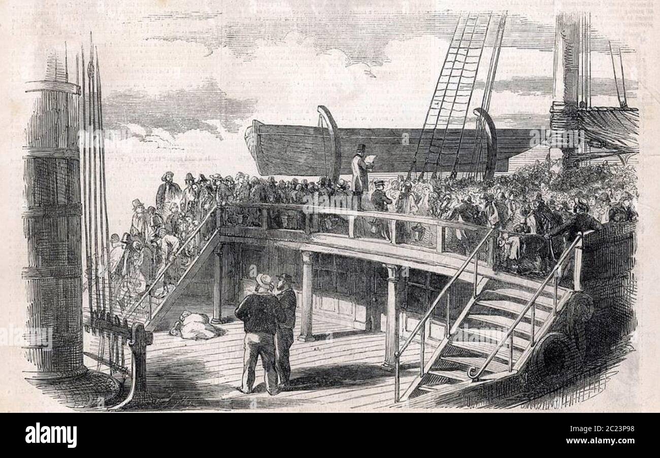 ROLL CALL a bordo di una nave che porta emigranti da Liverpool a New York circa 1850 Foto Stock