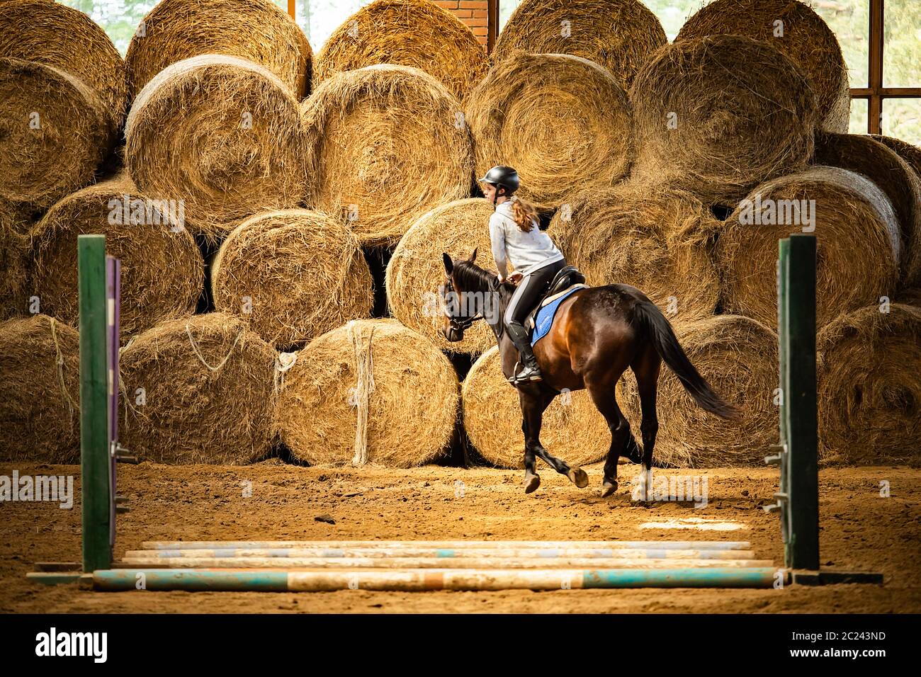 Ragazza adolescente equitazione (galoppo) in sala sport Foto Stock