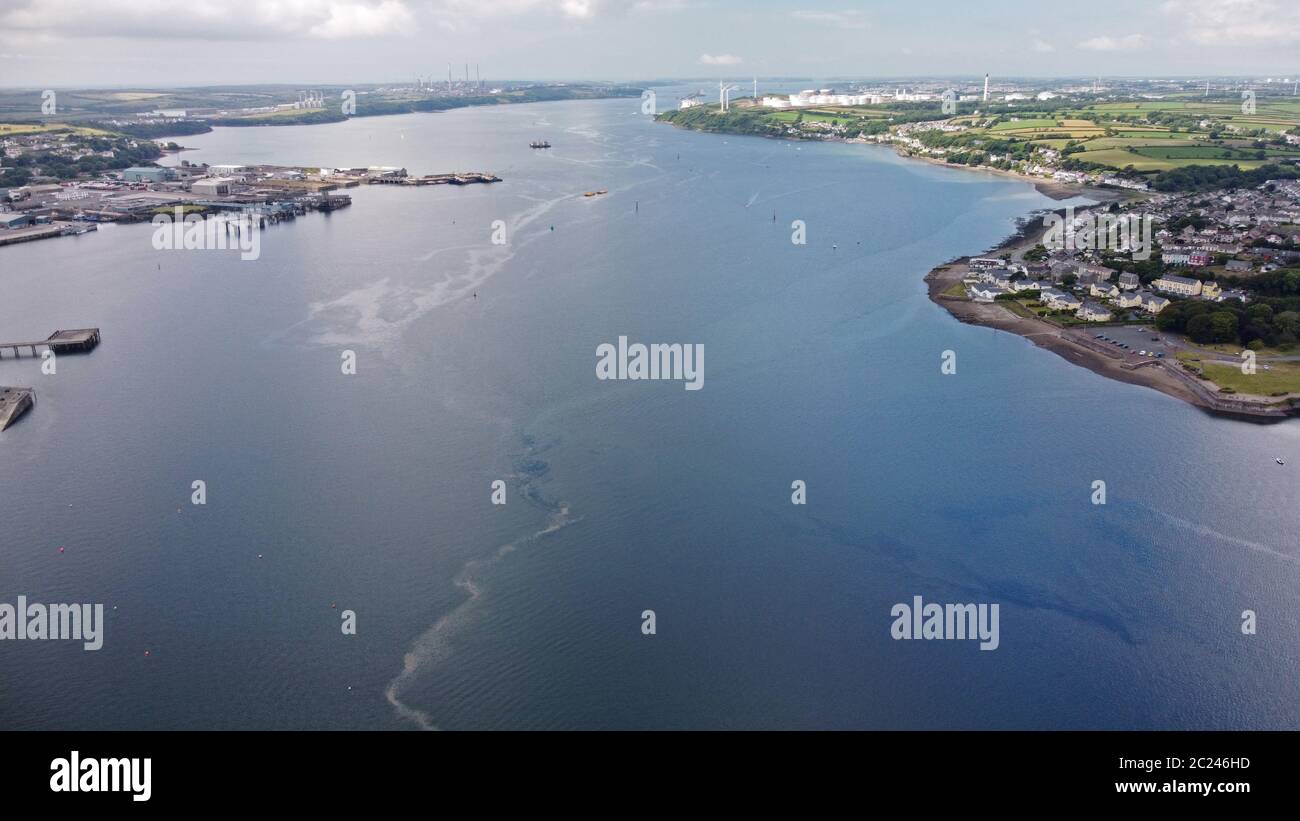 Veduta aerea del Neyland e dell'estuario di Cleddau, con Neyland Marina nel porto, Pembrokeshire, Galles, Regno Unito Foto Stock