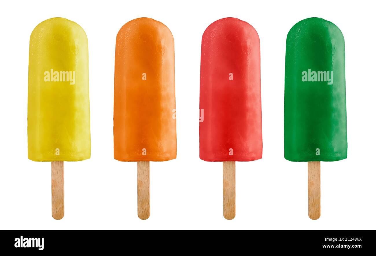 Varietà di frutti per lecca-lecca di ghiaccio, isolato su sfondo bianco Foto Stock