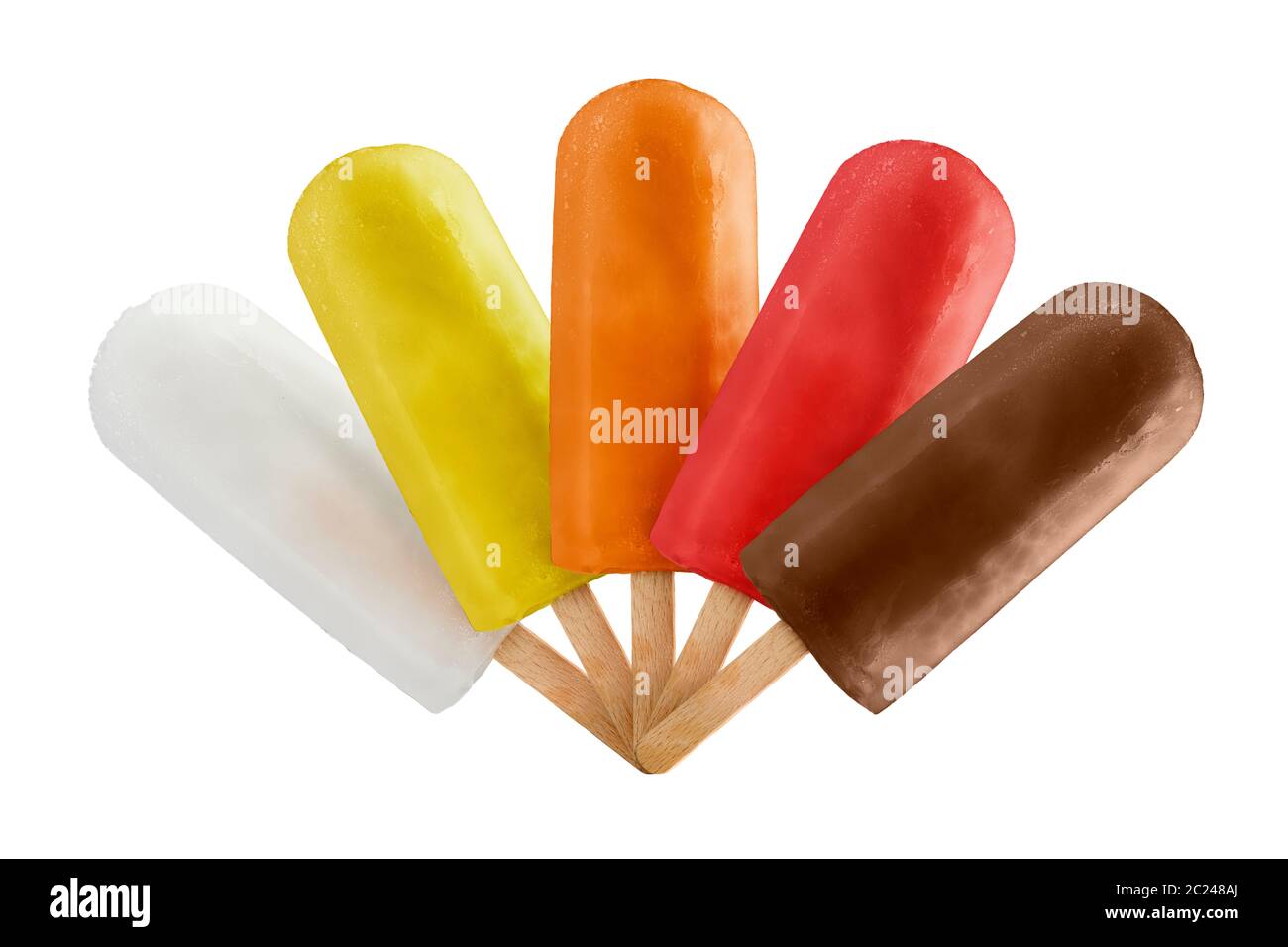 Varietà di frutti per lecca-lecca di ghiaccio, isolato su sfondo bianco Foto Stock