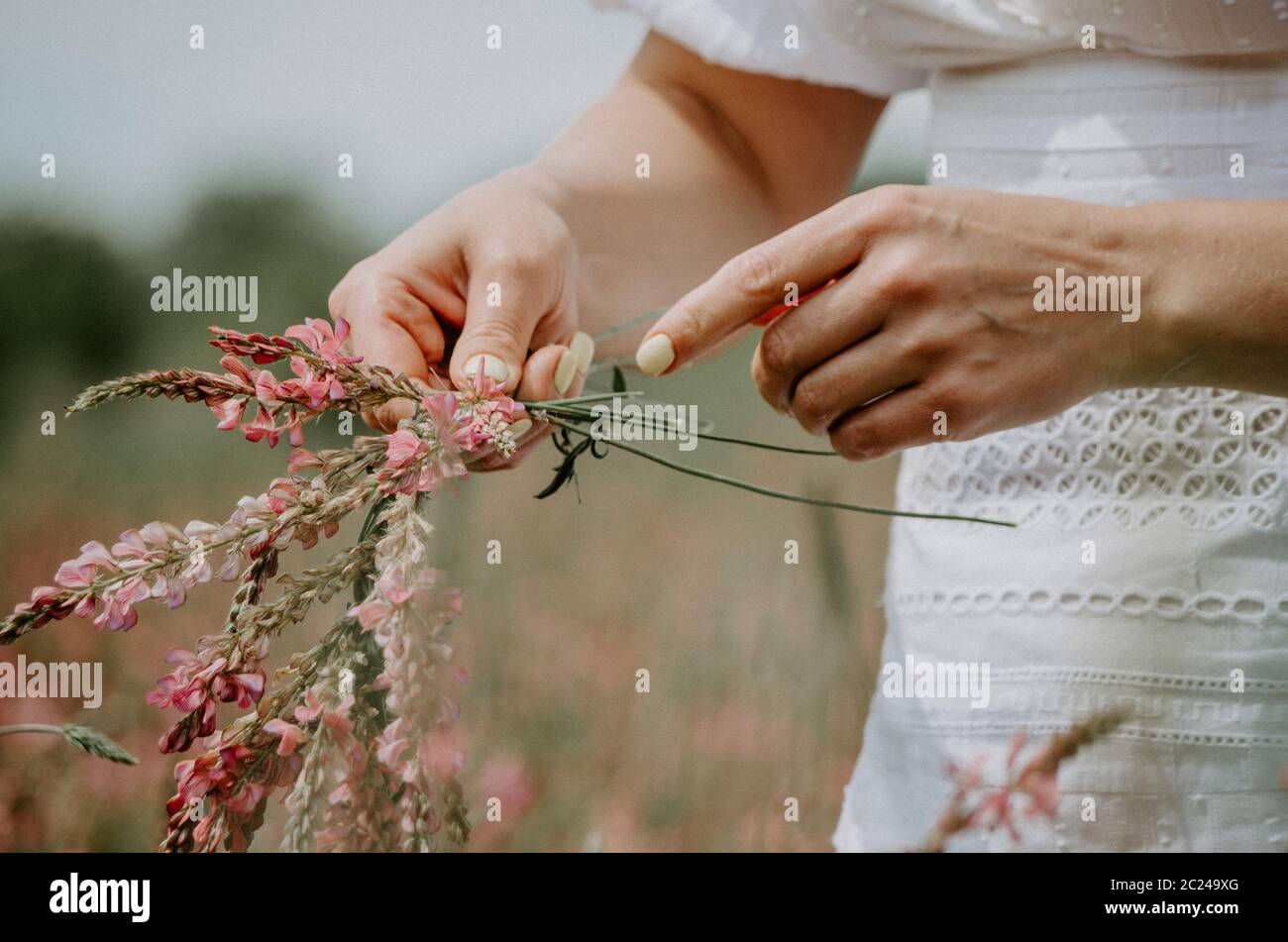 Primo piano di una donna che intreccia fiori selvatici in una corona di fiori Foto Stock