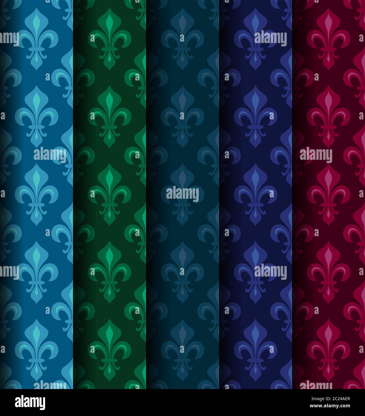 Royal gigli araldici (Fleur de Lis) -- ricca colorato sfondo, tessuto, seamless pattern, set di 5 rulli versicolored. Foto Stock