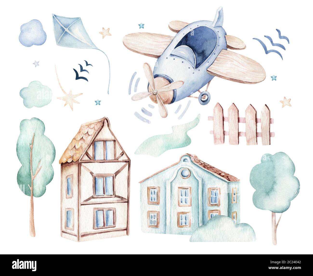 Watercolor Set baby cartoon simpatico pilota aviazione sfondo illustrazione di fantasioso trasporto aereo completo di aeroplani palloncini, nuvole. Childish Boy Foto Stock