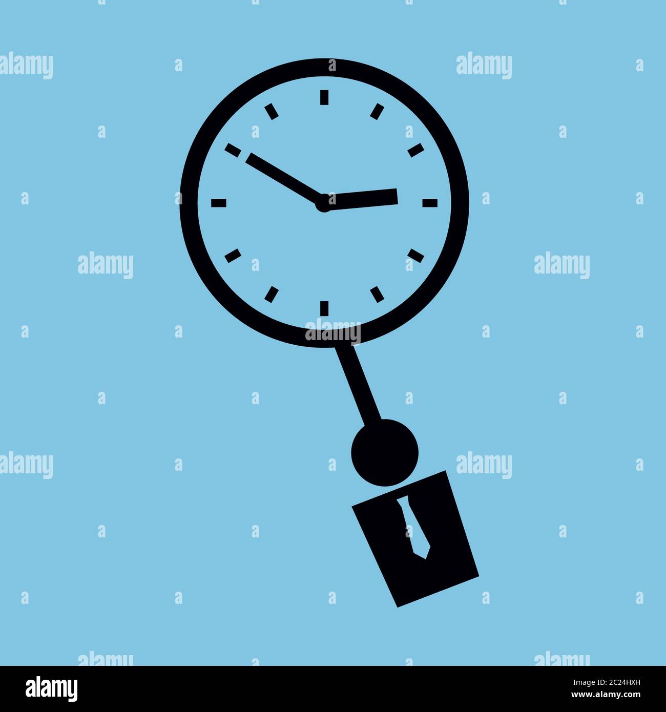 Illustrazione vettoriale minimalista. Icona di un orologio con un essere umano invece di pendolo. Colori nero e blu. Formato quadrato. Illustrazione Vettoriale