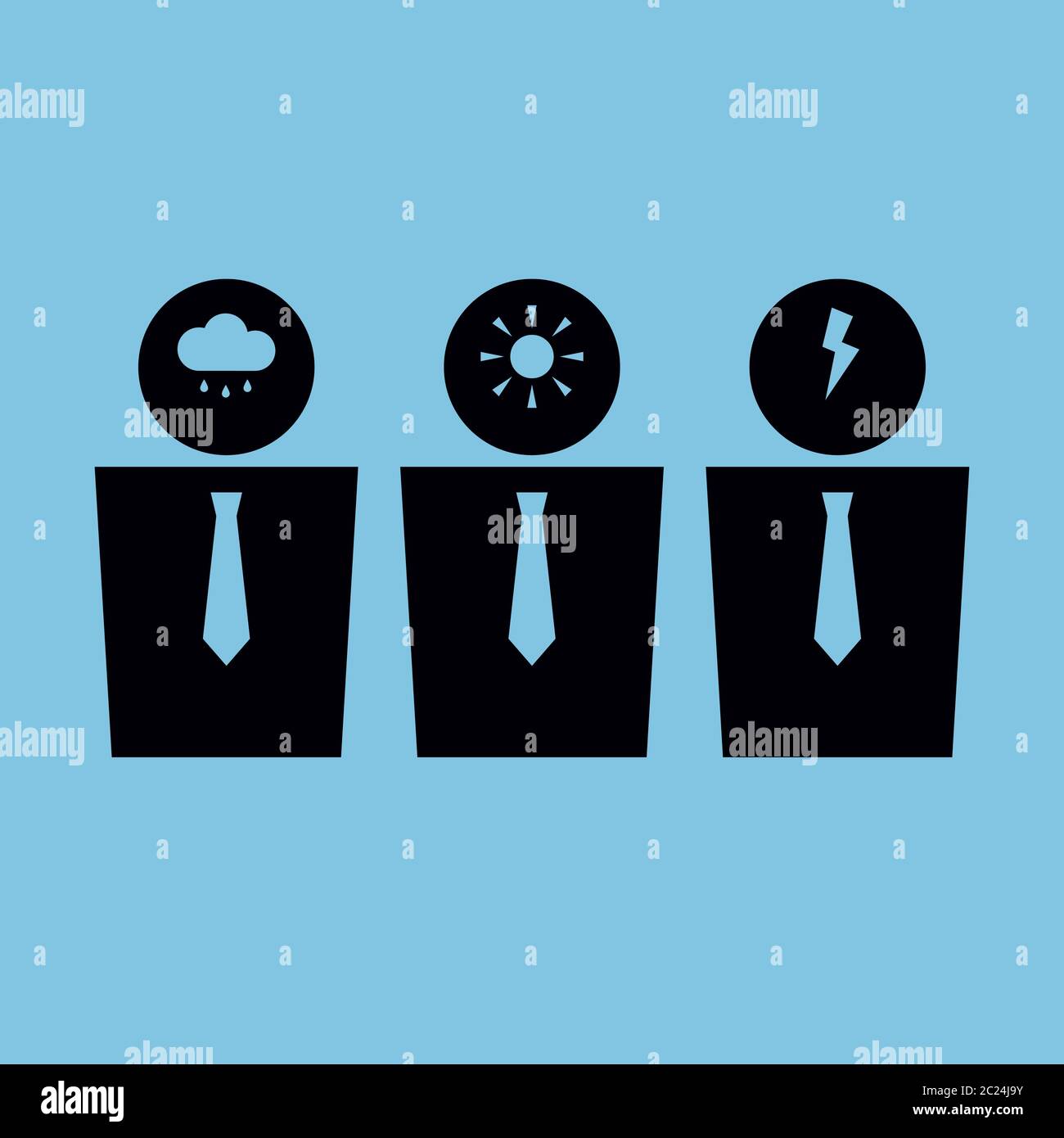 Illustrazione semplificata del vettore. Tre icone di tre persone con un sole, pioggia e simboli flash nella loro testa, pensiero positivo e negativo. Illustrazione Vettoriale