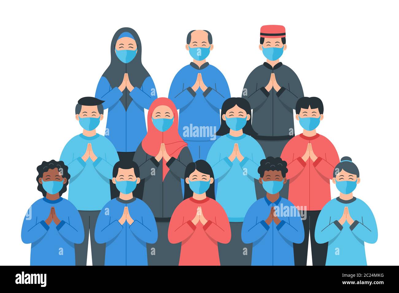 Persone in maschere mediche protettive. Gruppo di persone che indossano maschera di protezione per prevenire e proteggere i virus. Uomo e donna indossano protezione Illustrazione Vettoriale