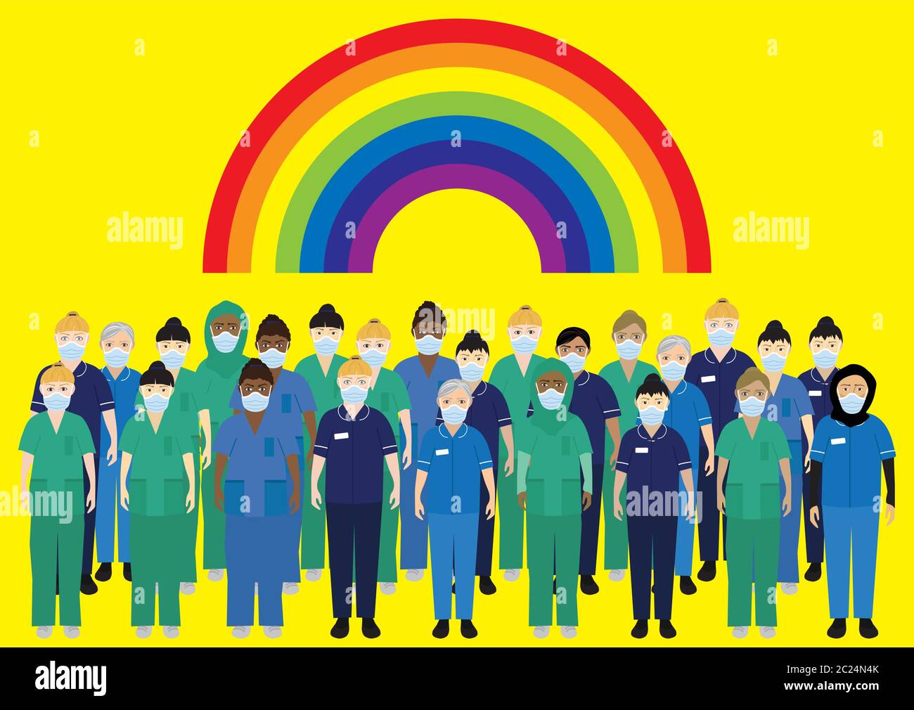 Personale ospedaliero NHS che indossa maschere facciali con un arcobaleno Illustrazione Vettoriale