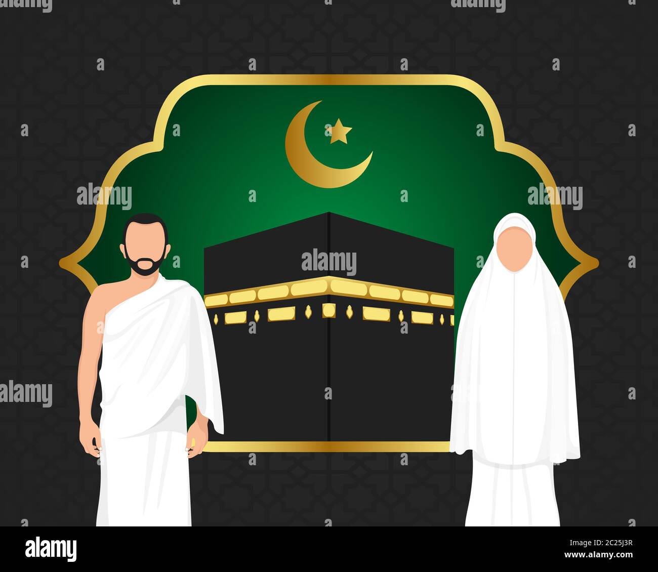 Hajj Mabrour sfondo con Kaaba, uomini e donne che indossano ihram panno. Sfondo islamico di lusso con personaggi di pellegrinaggio maschili e femminili. Illustrazione Vettoriale