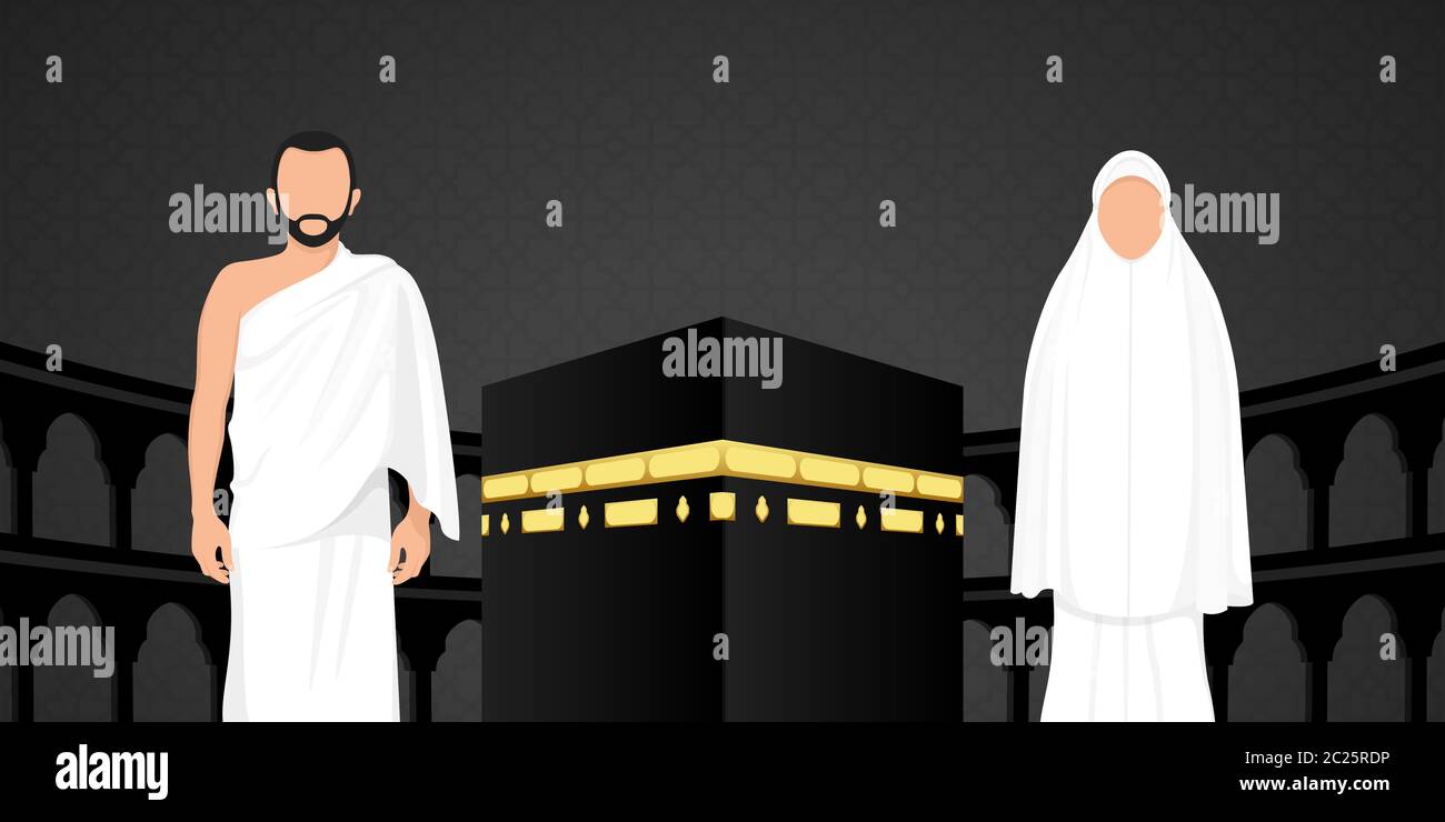 Hajj Mabrour sfondo con Kaaba, uomini e donne che indossano ihram panno. Sfondo islamico di lusso con personaggi di pellegrinaggio maschili e femminili. Illustrazione Vettoriale