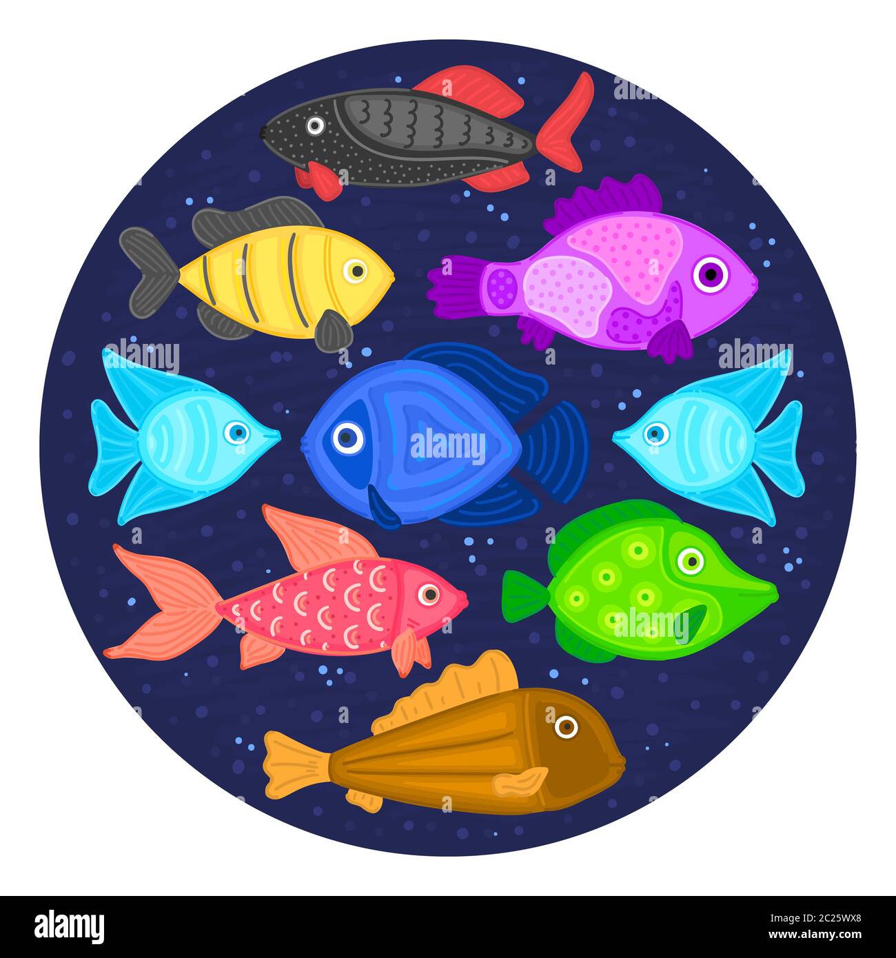 Vettore colorato cartoon pesce in forma circolare. Mondo sottomarino. Acquario. Vita marina carina. Pesci. Brochure, volantino, etichetta, copertina, poster, banner, pac Foto Stock