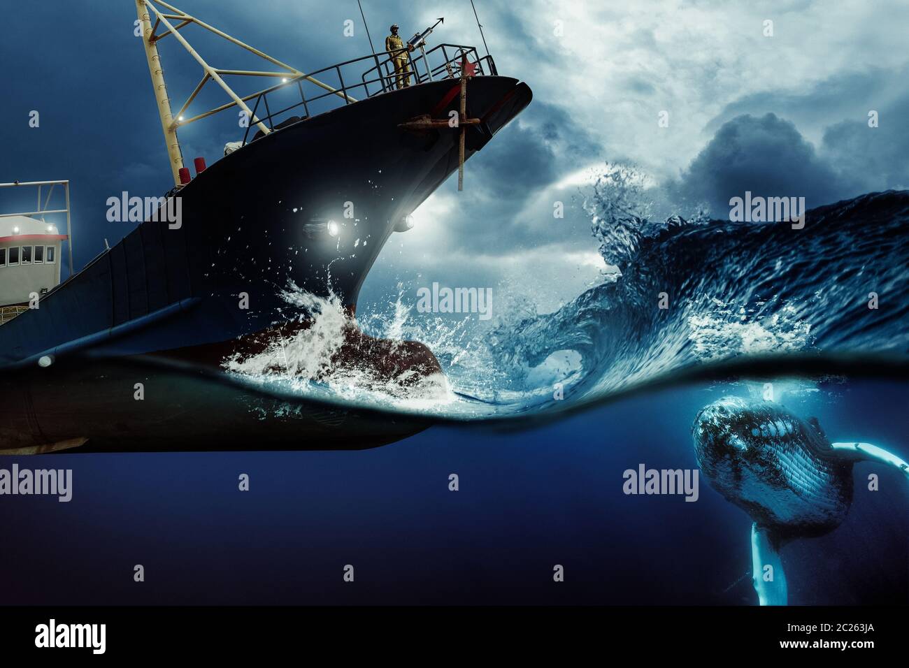 Nave baleniera caccia una balena al mare blu tempesta illustrazione. Protezione ambientale e concetto di mare. Foto Stock