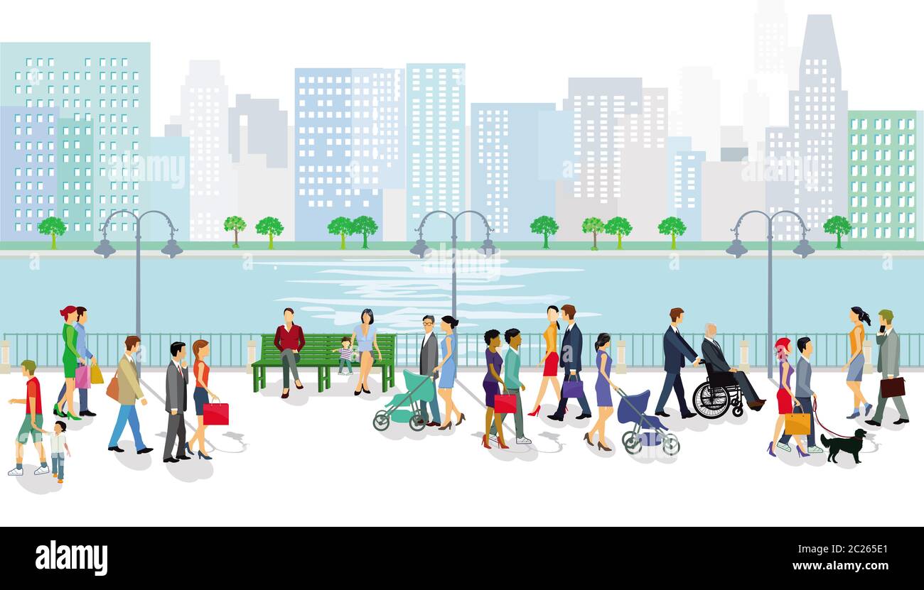 La gente camminare lungo il fiume con il paesaggio urbano in background Foto Stock