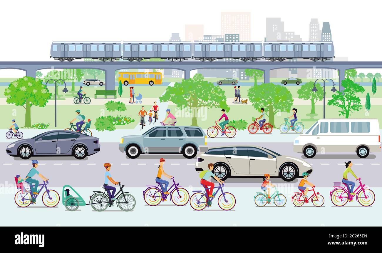 Paesaggio con i ciclisti e il traffico stradale Foto Stock