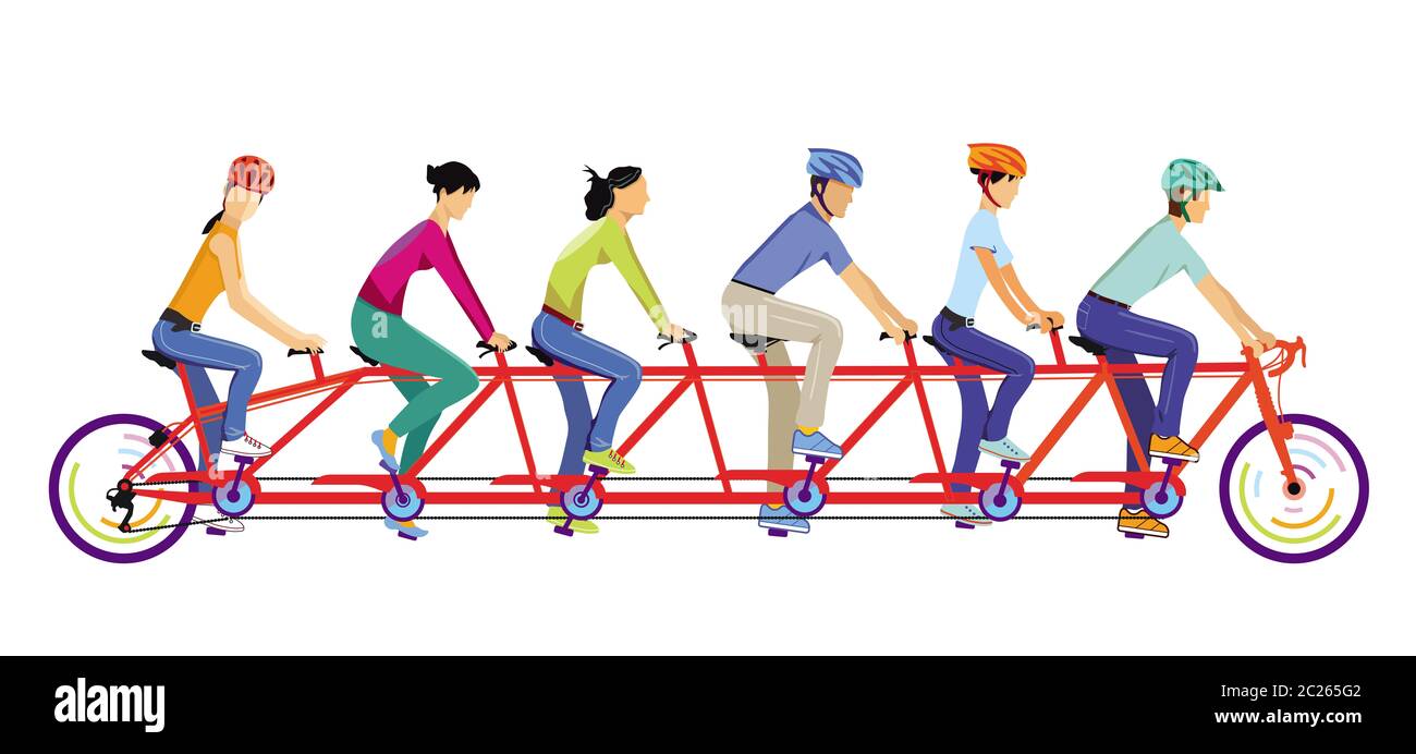 Sei persone ride insieme in tandem Foto Stock
