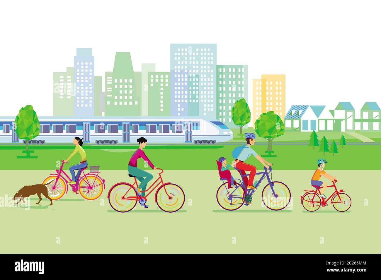 La silhouette della città con i ciclisti Foto Stock