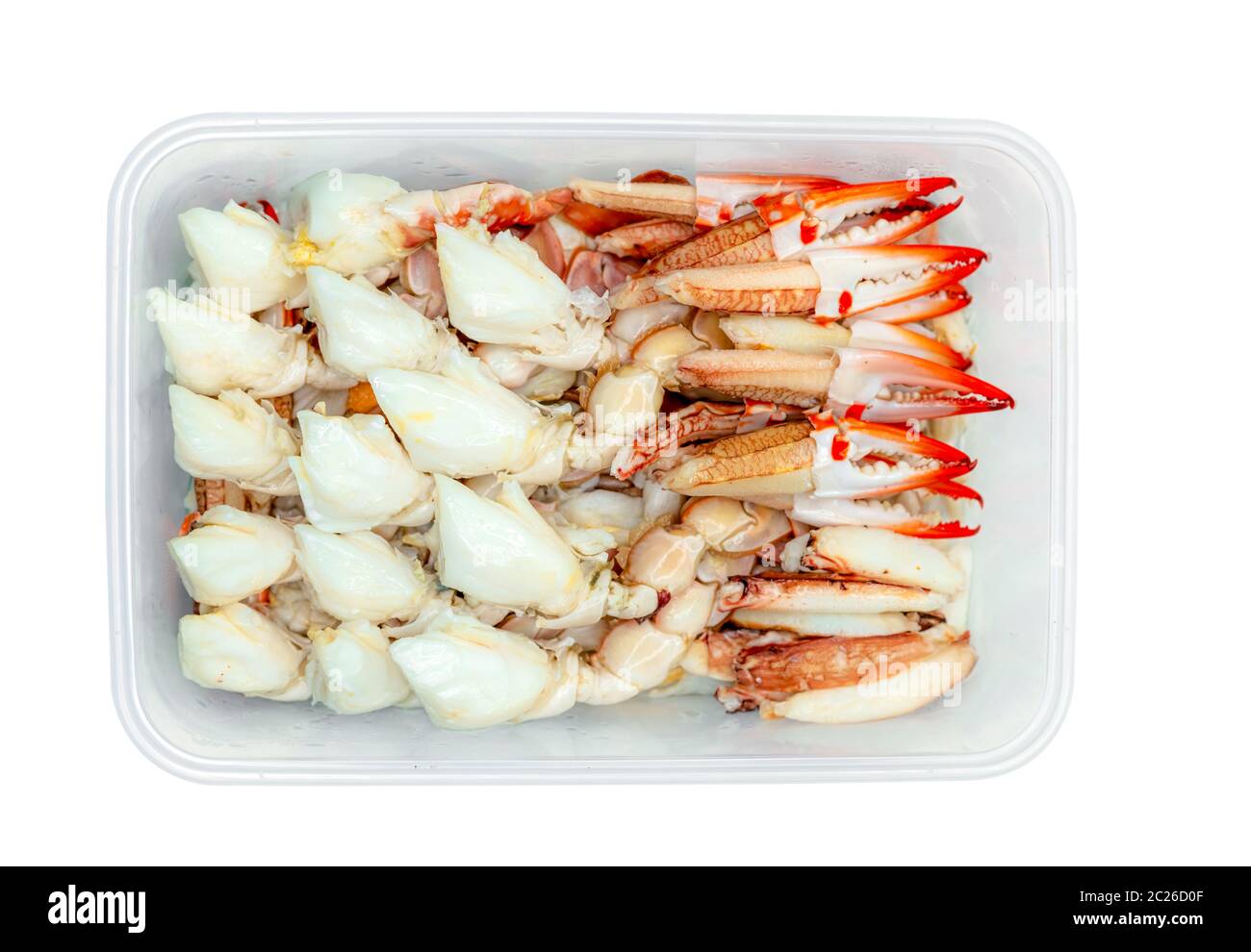 Cotto a vapore carne di granchio pack in scatola di plastica per la consegna. Frutti di mare pronto a mangiare la consegna business. Grumo al vapore carne di granchio monouso in contenitore di plastica. Se Foto Stock