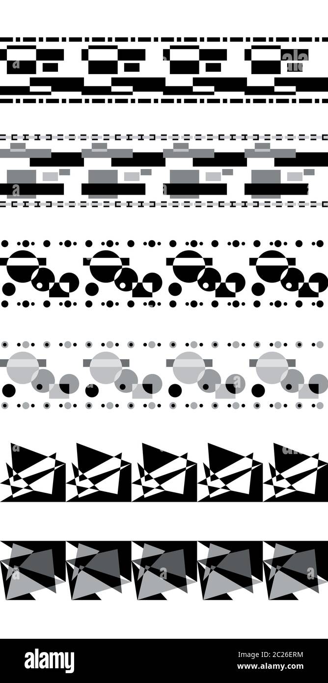 Set di bianco e nero geometriche ornamentali fregio modelli di confine. Foto Stock