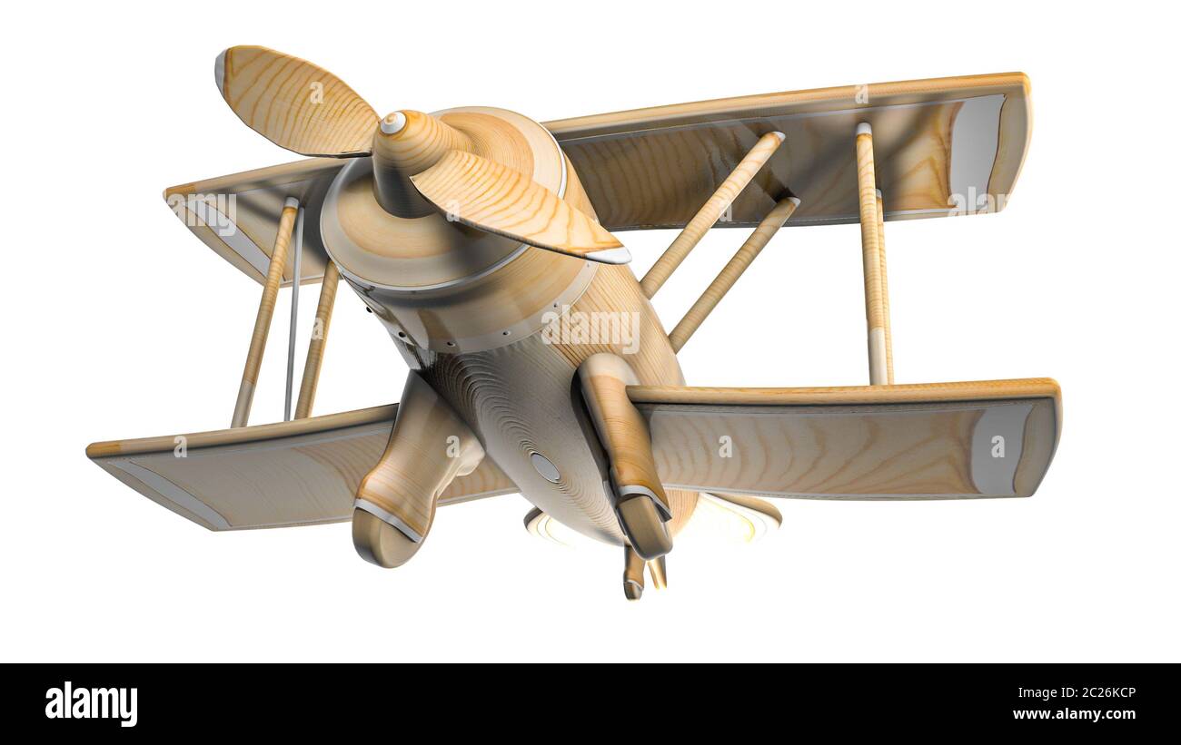 Aeroplano di legno su uno sfondo bianco. modello biplanare. Il rendering 3D Foto Stock