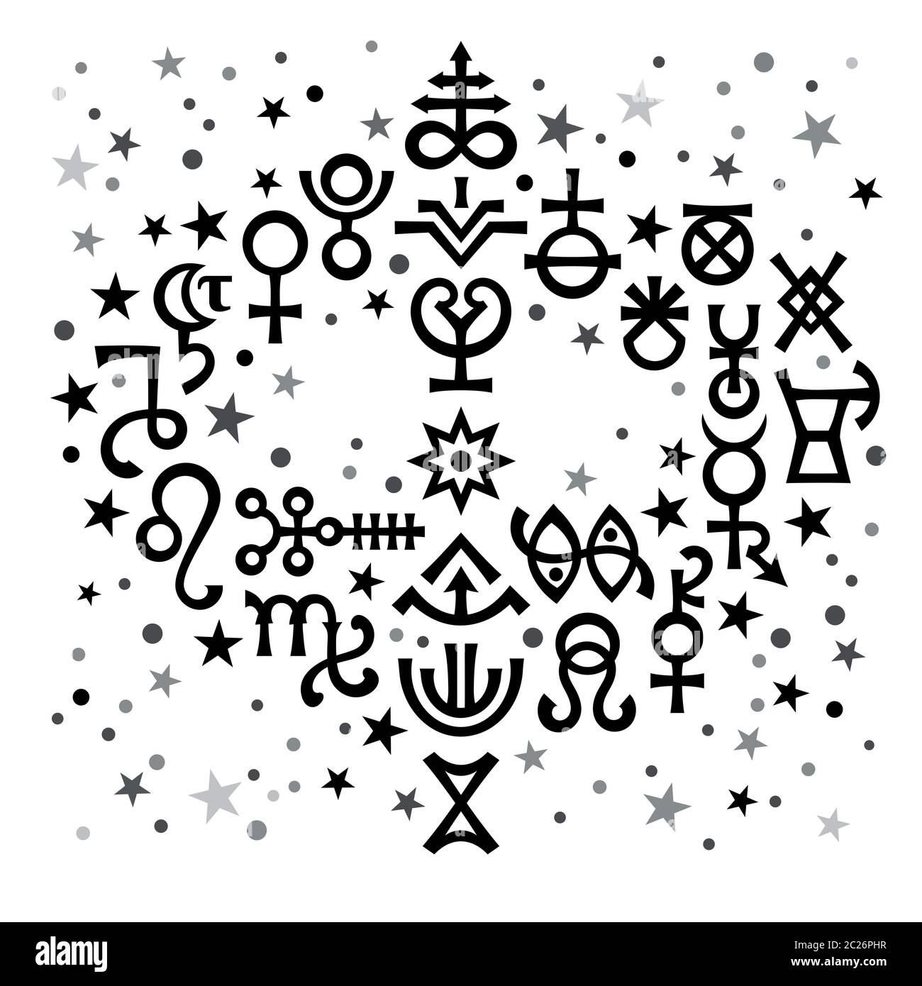 Bouquet astrologico (segni astrologici e simboli mistici occulti), sfondo celeste bianco e nero con stelle. Foto Stock