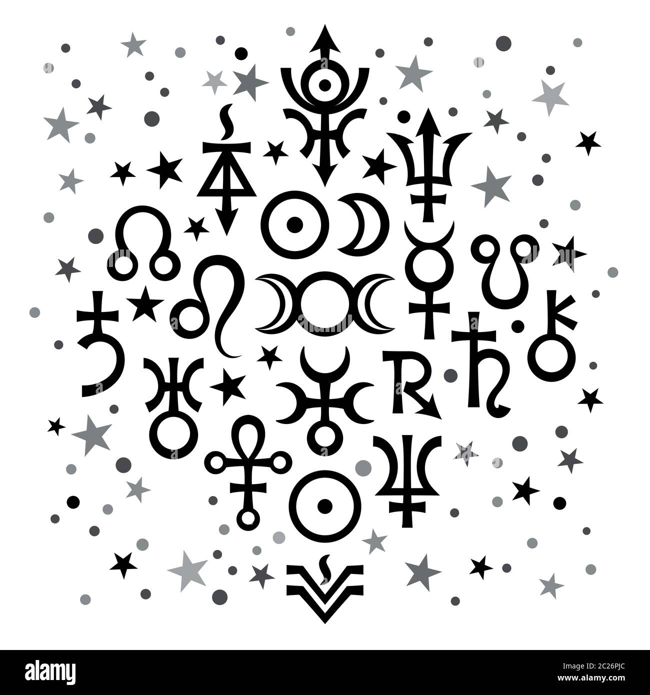 Set astrologico №20 (segni astrologici e simboli mistici occulti), sfondo celeste bianco e nero con stelle Foto Stock