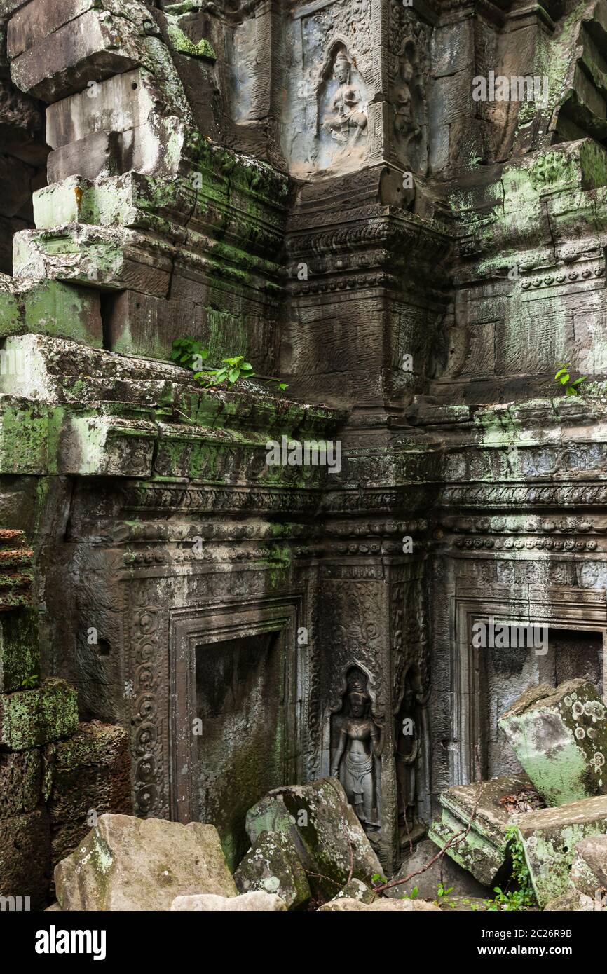 Tempio di TA Prohm, con macerie, antico tempio Khmer, Angkor Parco Archeologico, Siem Reap, Cambogia, Sud-est asiatico, Asia Foto Stock