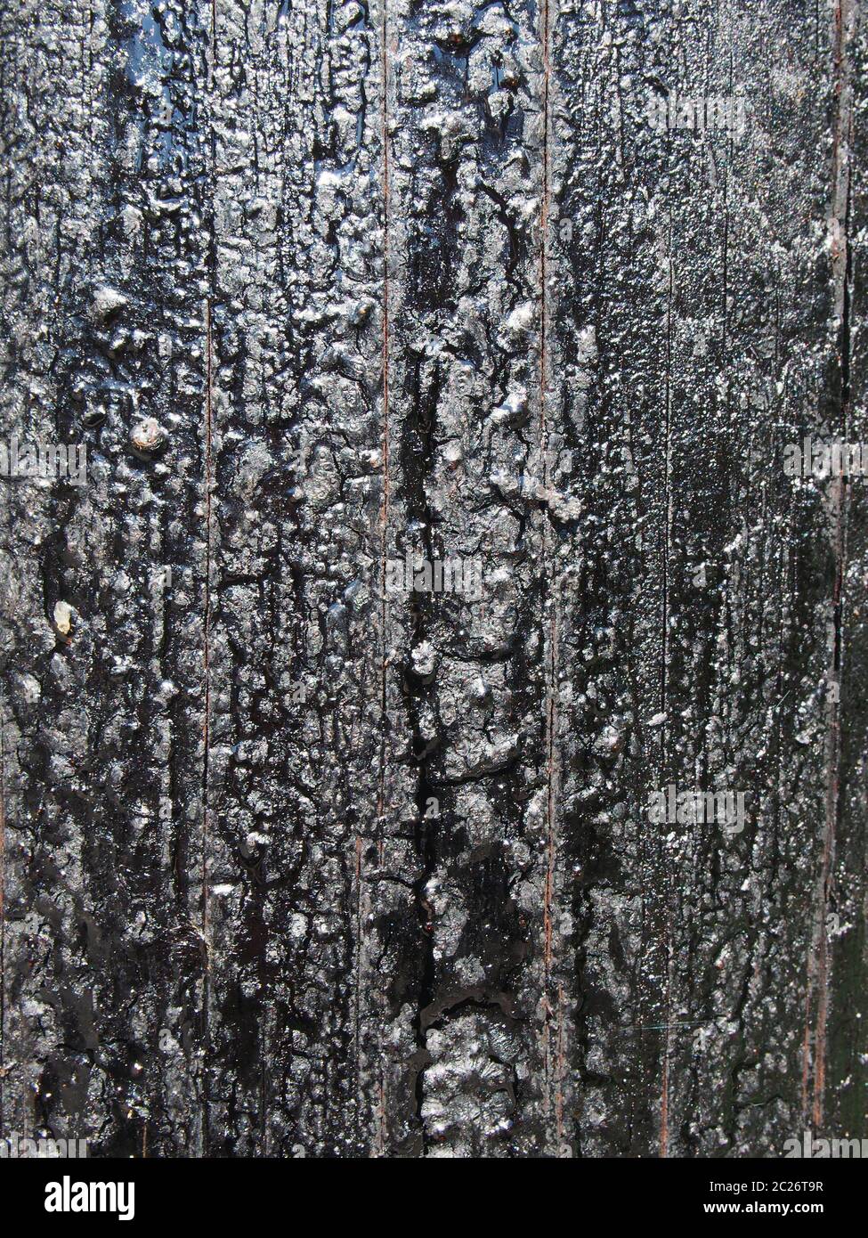 un vecchio conservante bituminoso nero che fonde copre la superficie testurizzata di legno Foto Stock