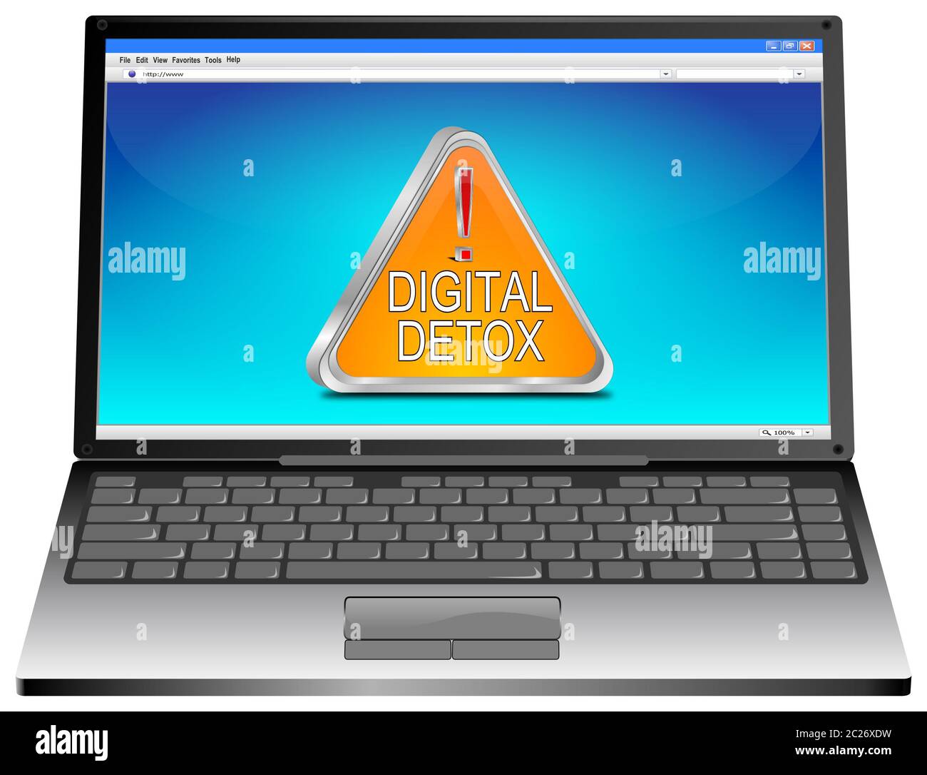 Computer portatile con pulsante Detox digitale arancione sul desktop blu - illustrazione 3D Foto Stock
