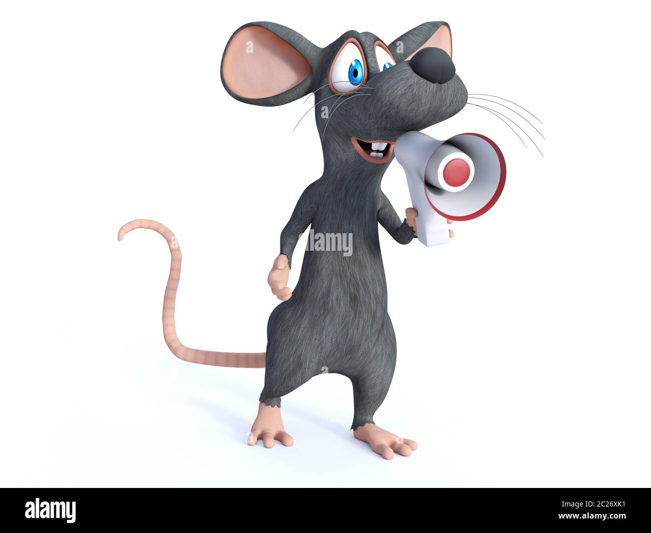 3D rendering di un simpatico cartoon sorridente mouse tenendo premuto e parlare in un megafono, annunciare qualcosa di importante. Sfondo bianco. Foto Stock