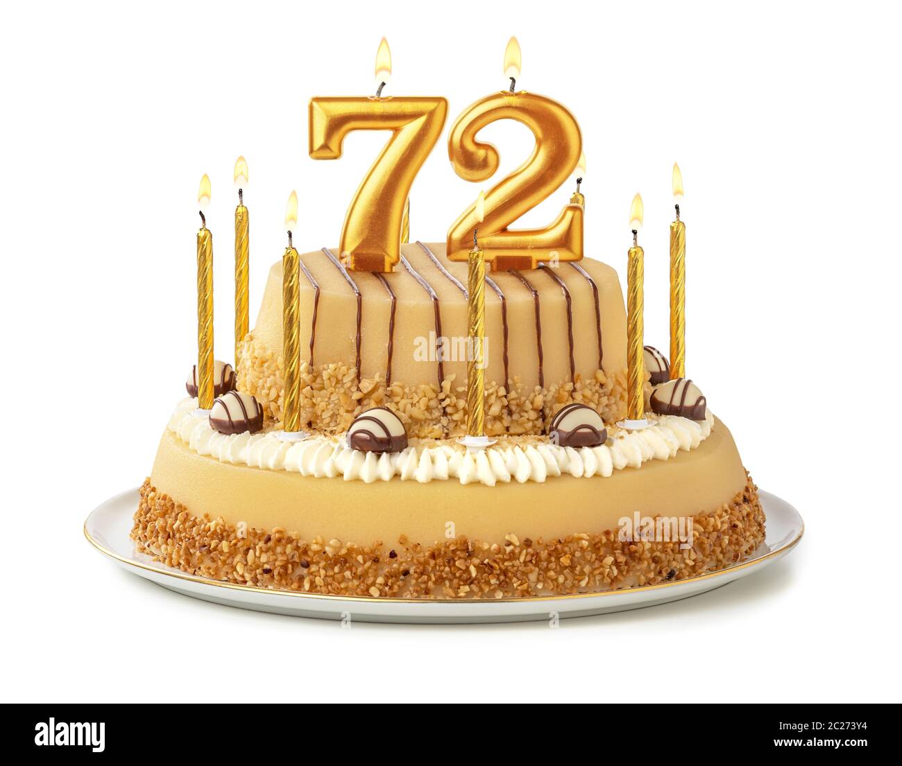 Torta di festa con golden candele - Numero 72 Foto Stock