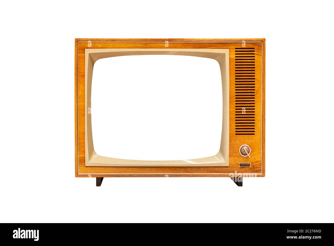 Vintage set TV con schermo vuoto isolato su sfondo bianco, televisione analogica tecnologia, vista frontale tagliato fuori Foto Stock