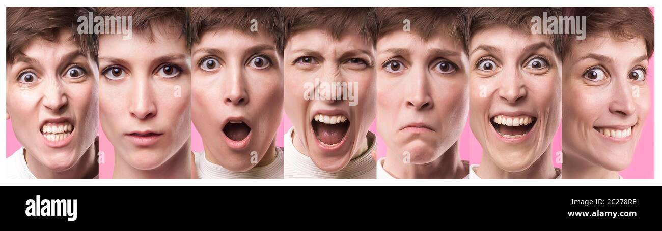 Emozioni diverse collage. Set di giovane donna emotiva su sfondo rosa. Femmina emozioni differenti. Le espressioni del viso del concetto. Colore alla moda. Ritratti femminili del modello caucasico allo studio Foto Stock