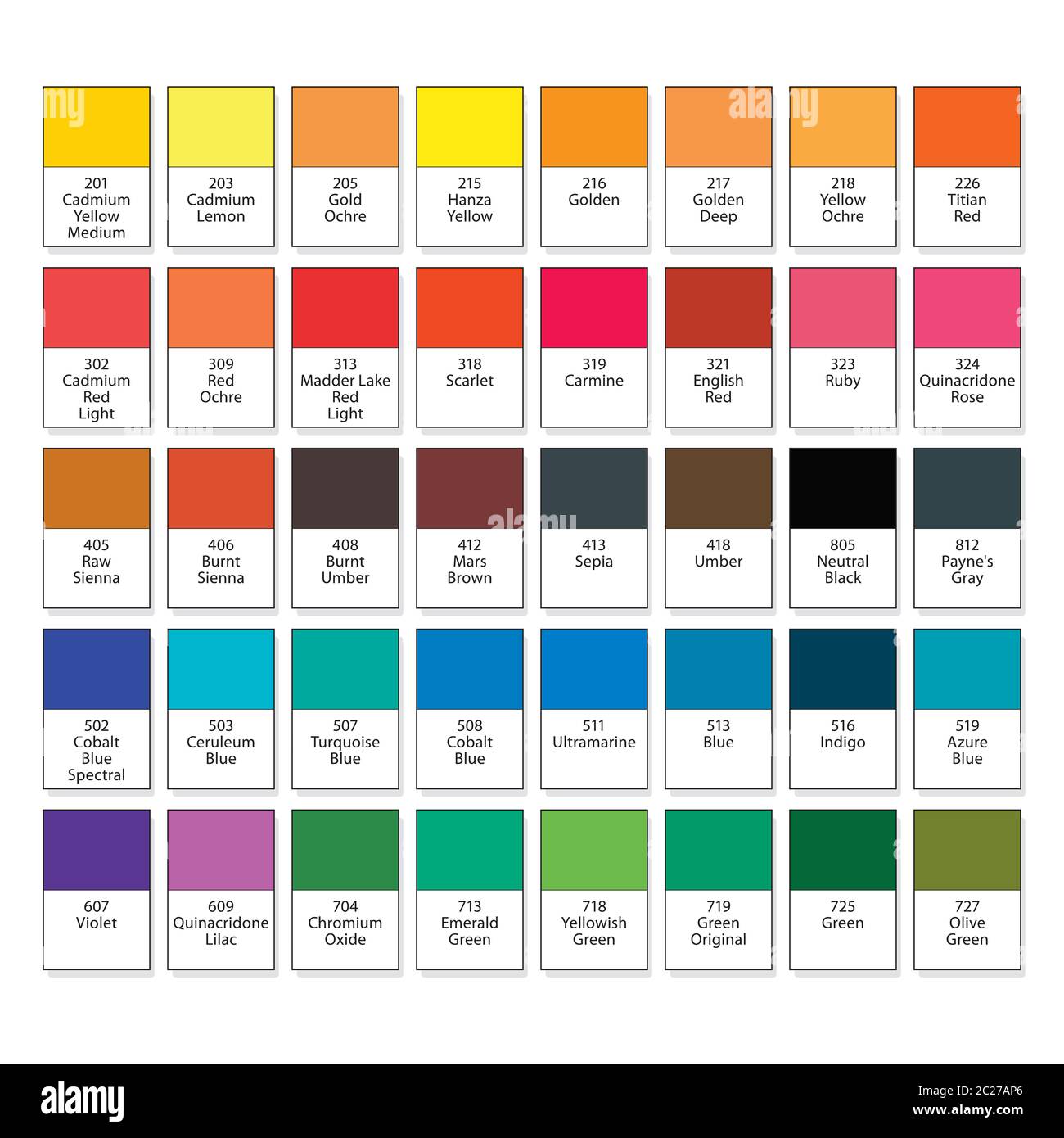 Gamma base di colori acquarelle, set di vernici artistiche N°40. Campioni principali di pigmento essenziale per acquerello con numeri di campioni di campioni di campioni di campioni di campioni di campioni di campioni di campioni di Foto Stock