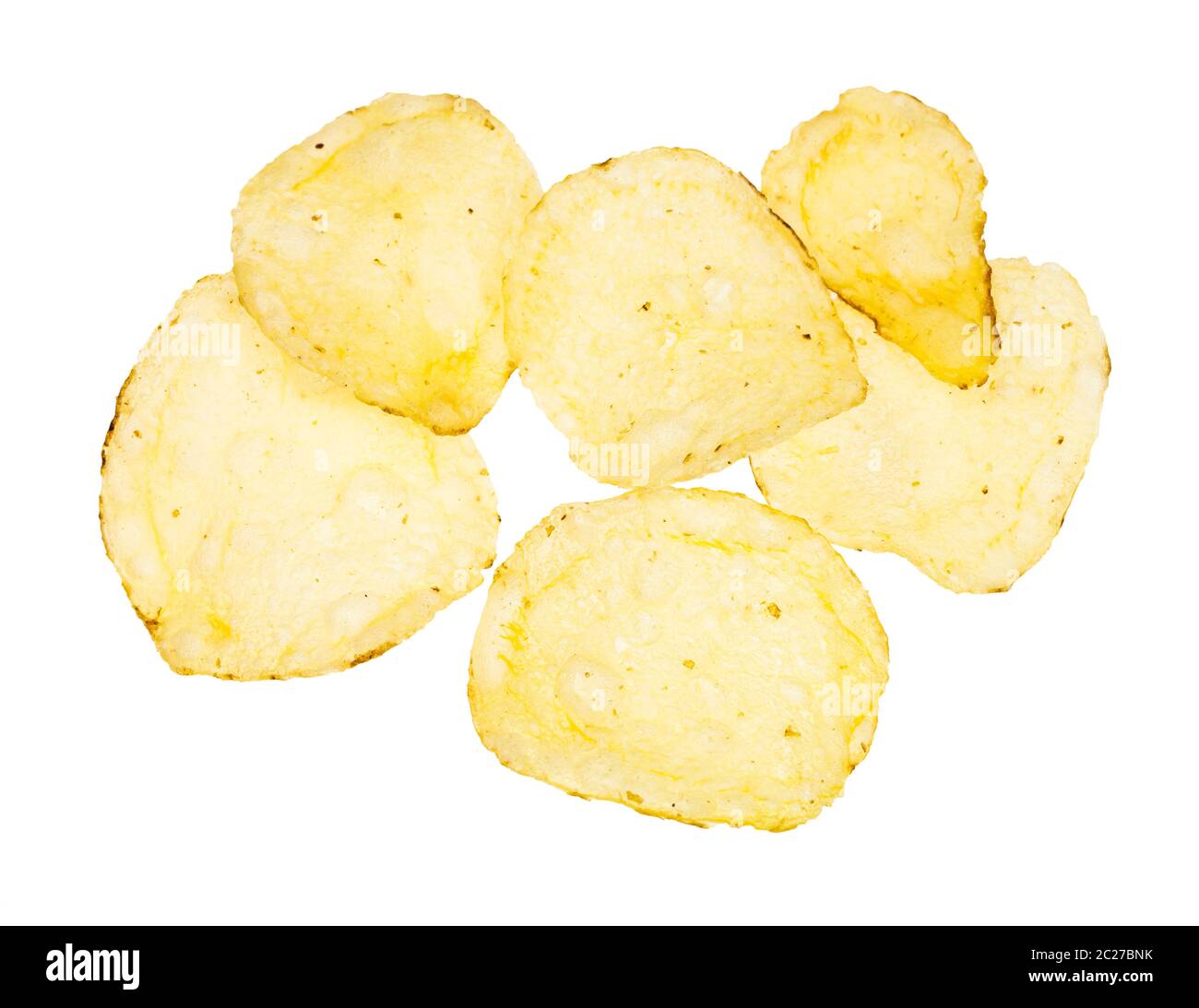 Più chip di patate con la buccia isolati su sfondo bianco Foto Stock
