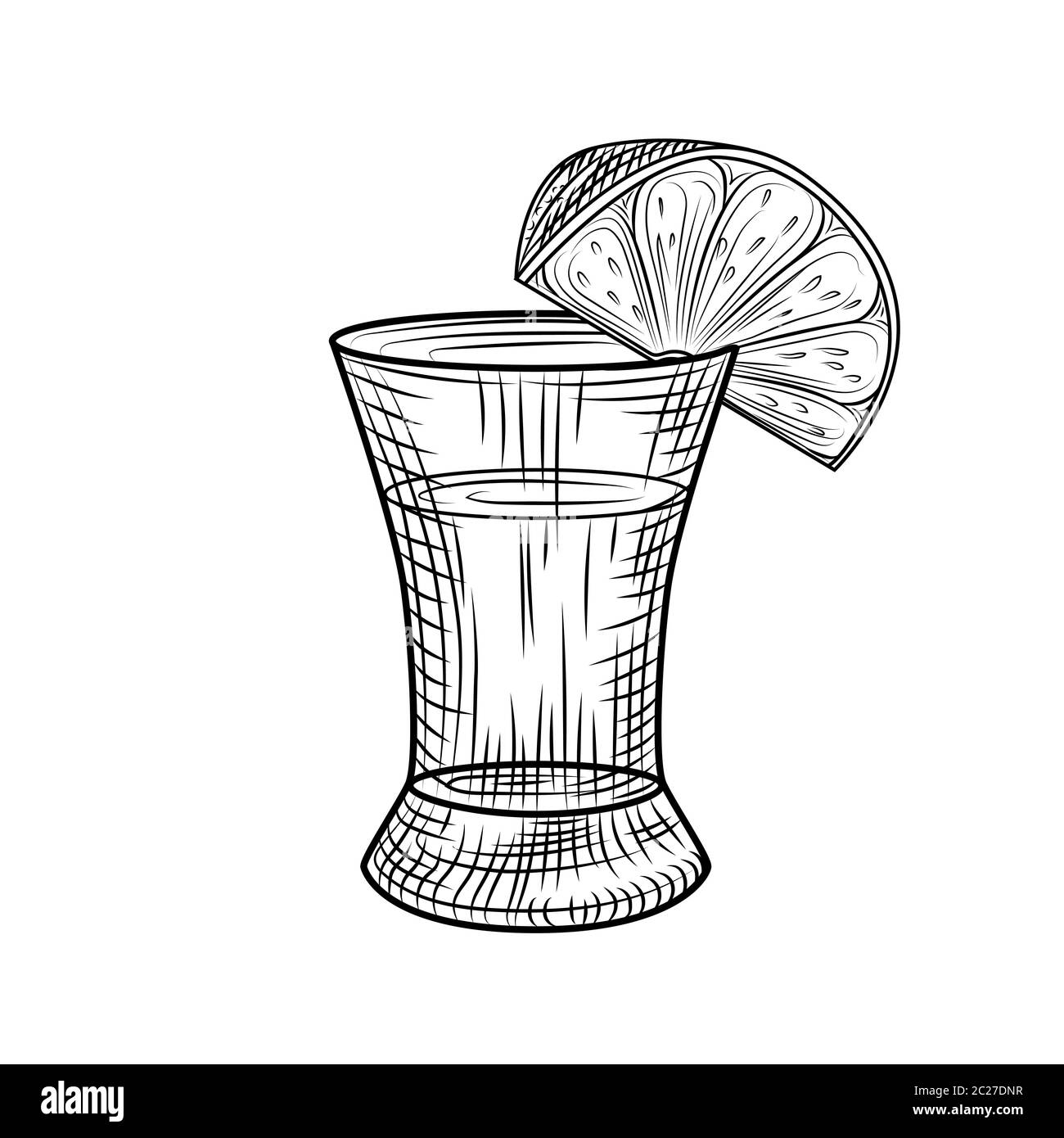 La tequila ha sparato e la lime della fetta ha isolato su sfondo bianco. Bicchiere pieno di alcol. Stile vintage inciso. Illustrazione vettoriale Illustrazione Vettoriale