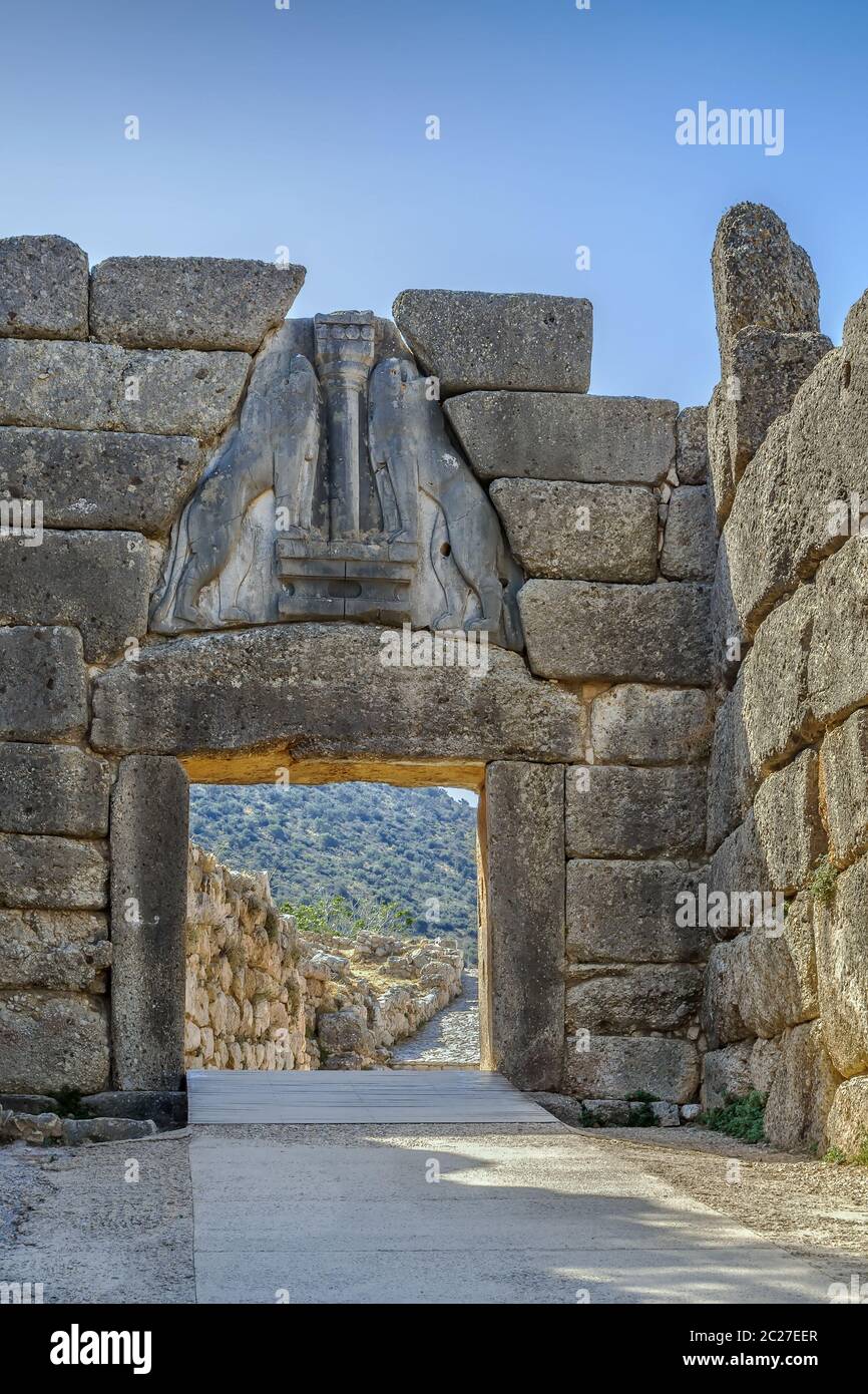 La porta del Leone a Micene, Grecia Foto Stock