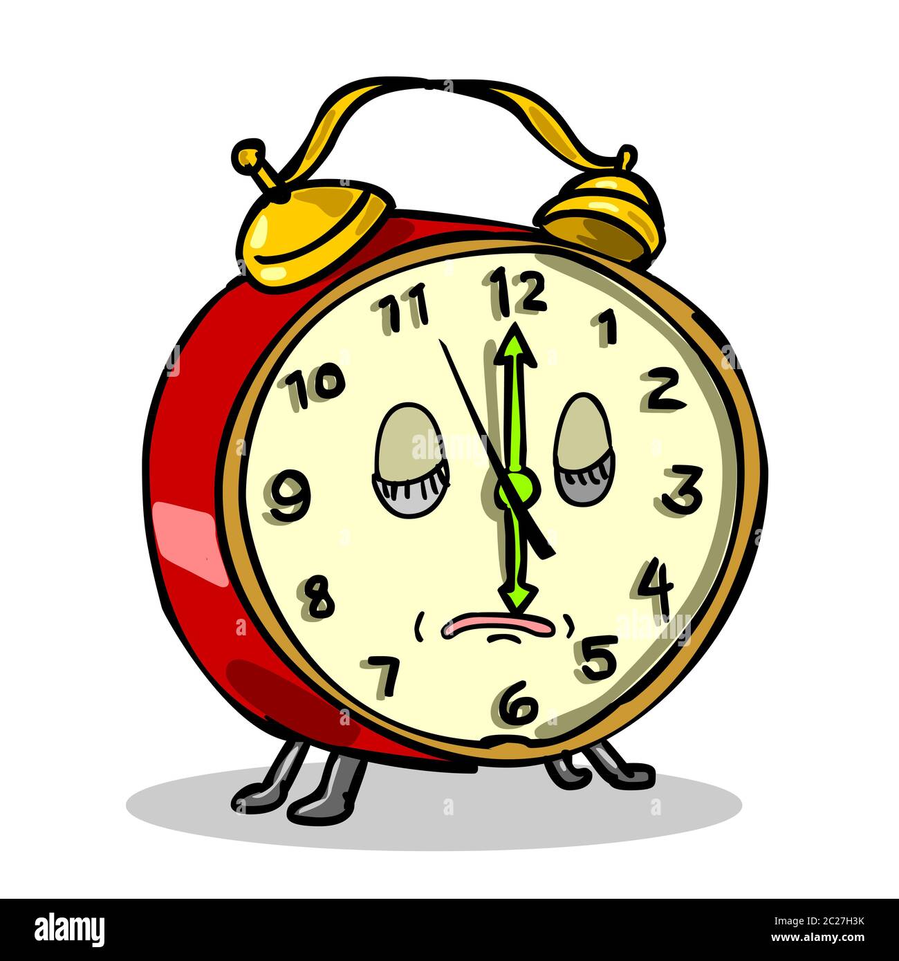 Illustrazione in stile cartoon di un orologio a campana vintage che si addormenta o che dorme con la mano dell'ora alle sei su sfondo isolato. Foto Stock