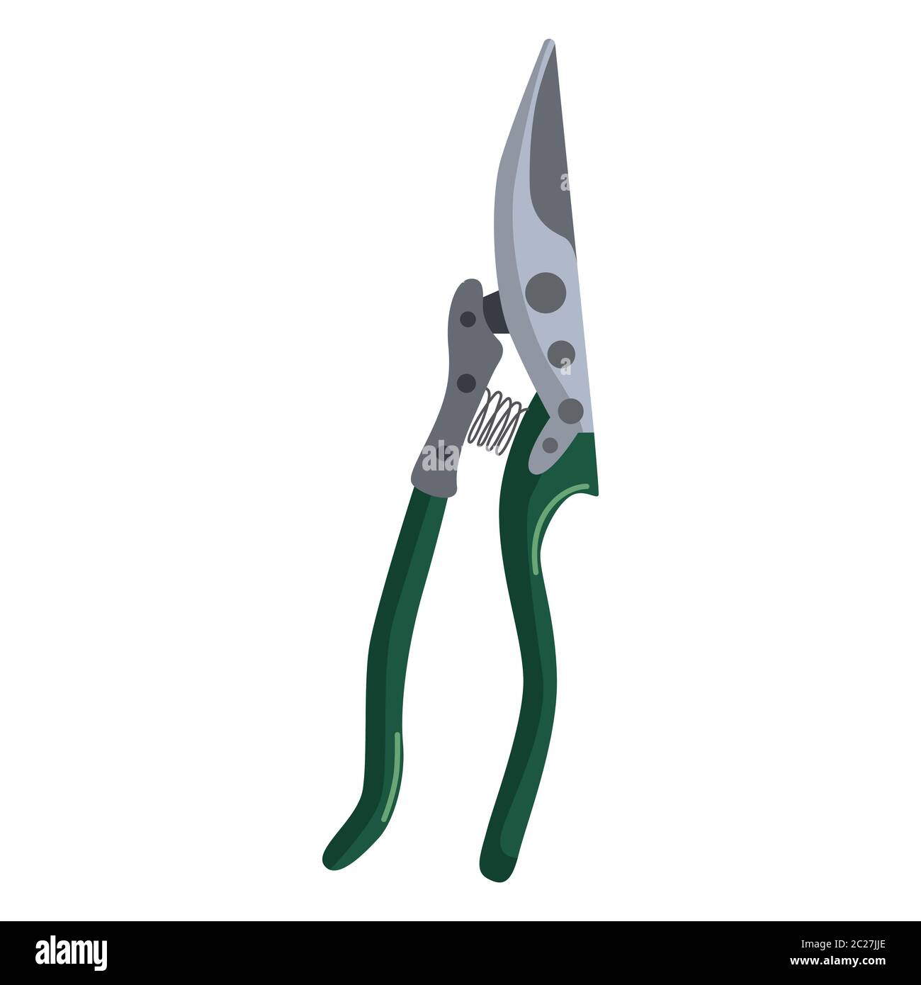 Secateur verde su sfondo bianco isolato. Utensile professionale da giardino per la rifinitura e la cura degli alberi disegno di icone vettoriali. Illustrazione Vettoriale