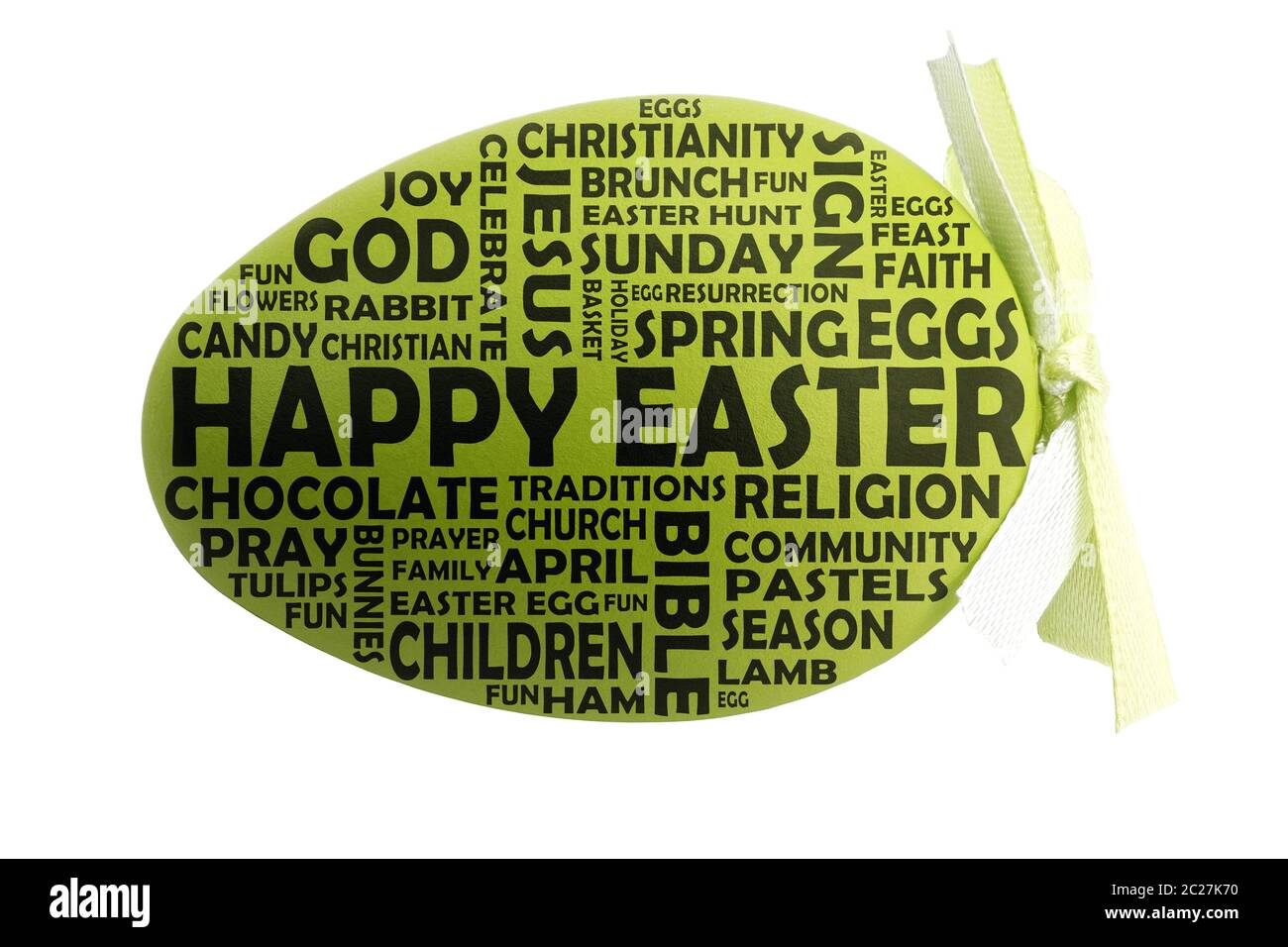 Uovo di Pasqua con parole chiave evidenziato dal campo felice Pasqua Foto Stock