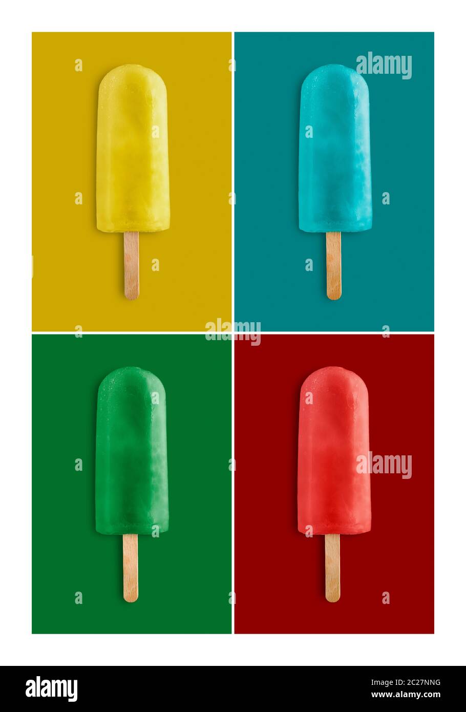 Raccolta di frutti per lecca-lecca di ghiaccio su sfondo colorato Foto Stock